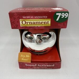 Vintage 1986 PBC Animated Singing Christmas Ornament SILVER Smiley Face Box Read